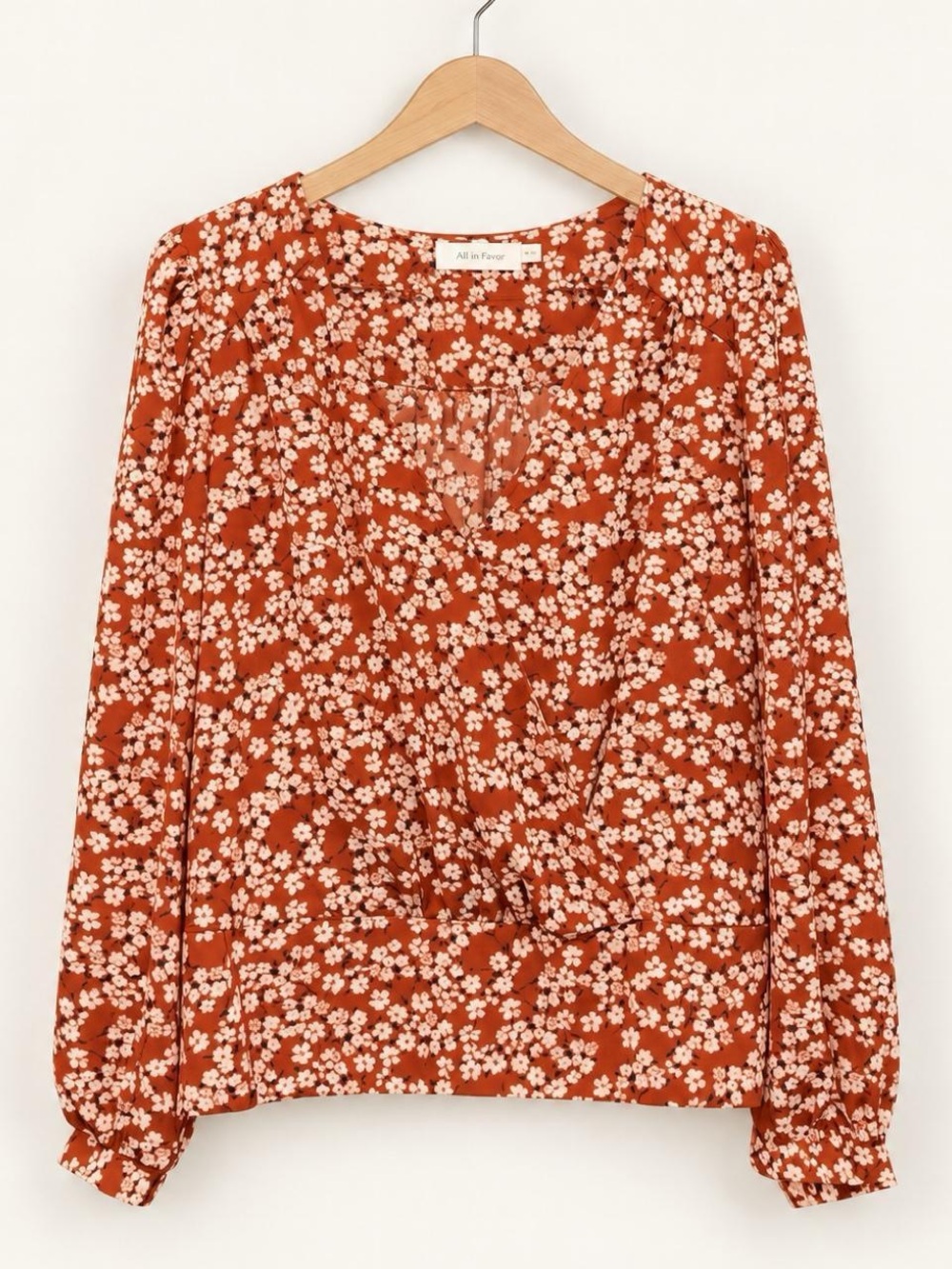 All in Favor Burnt Orange Floral Wrap-Style Blouse